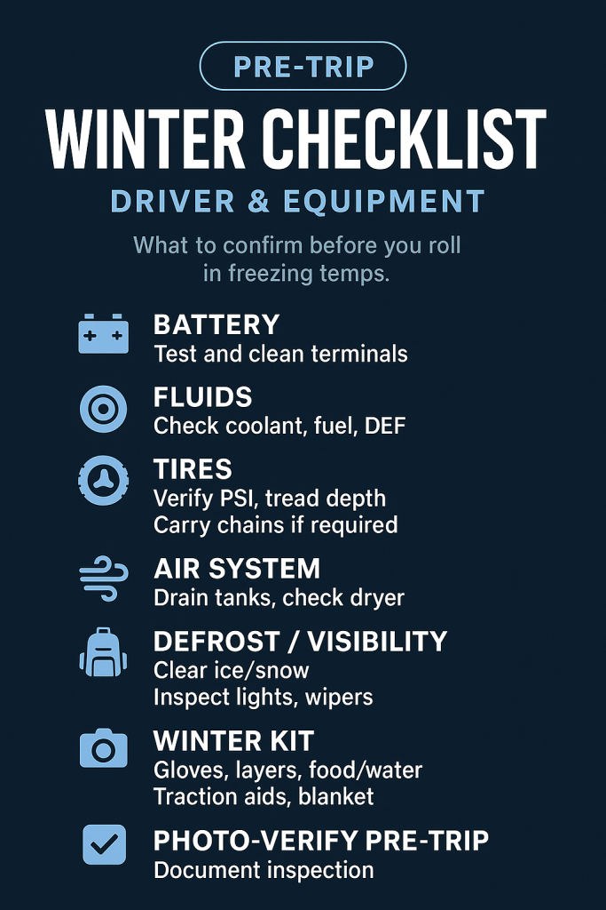 Winter pre-trip checklist card for drivers.